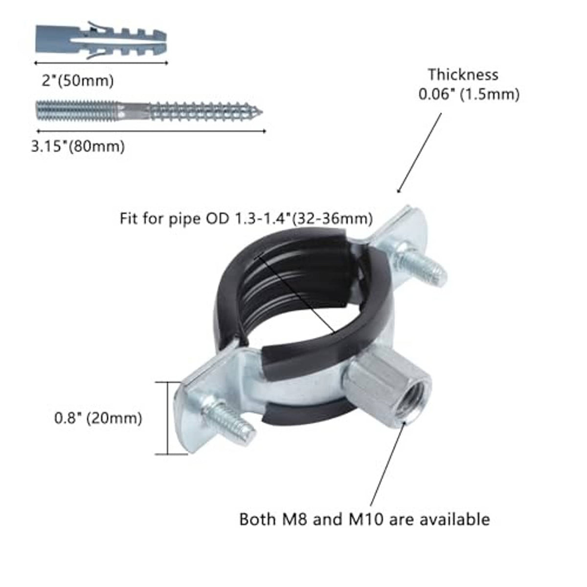 Single black split ring pipe hanger with galvanized strap and mounting screw dimensions.