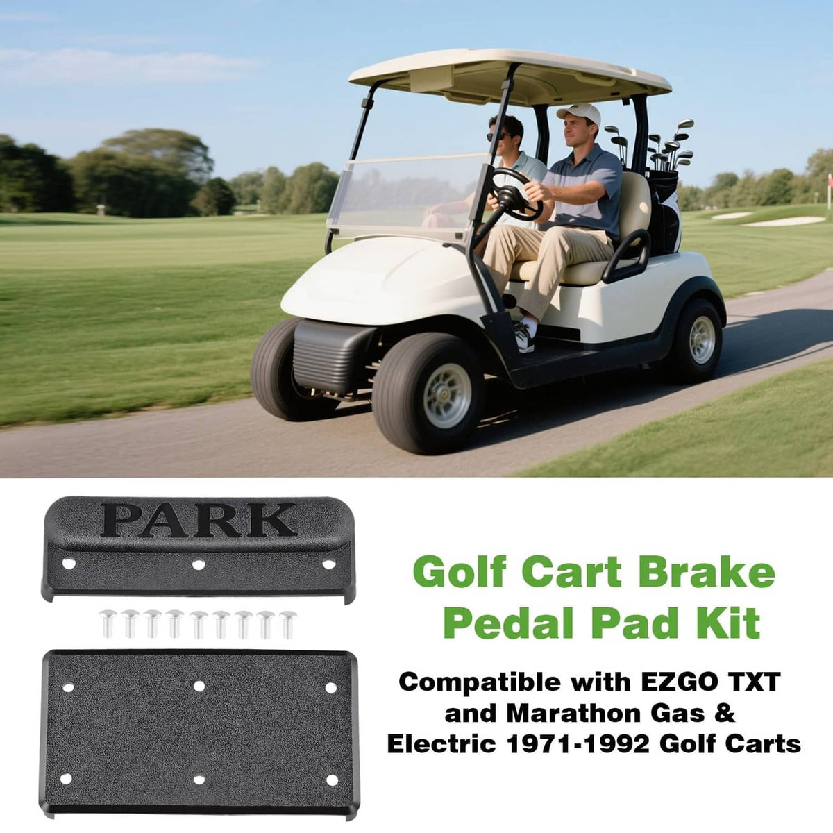 Black golf cart brake pedal pad kit with two pads and included mounting screws