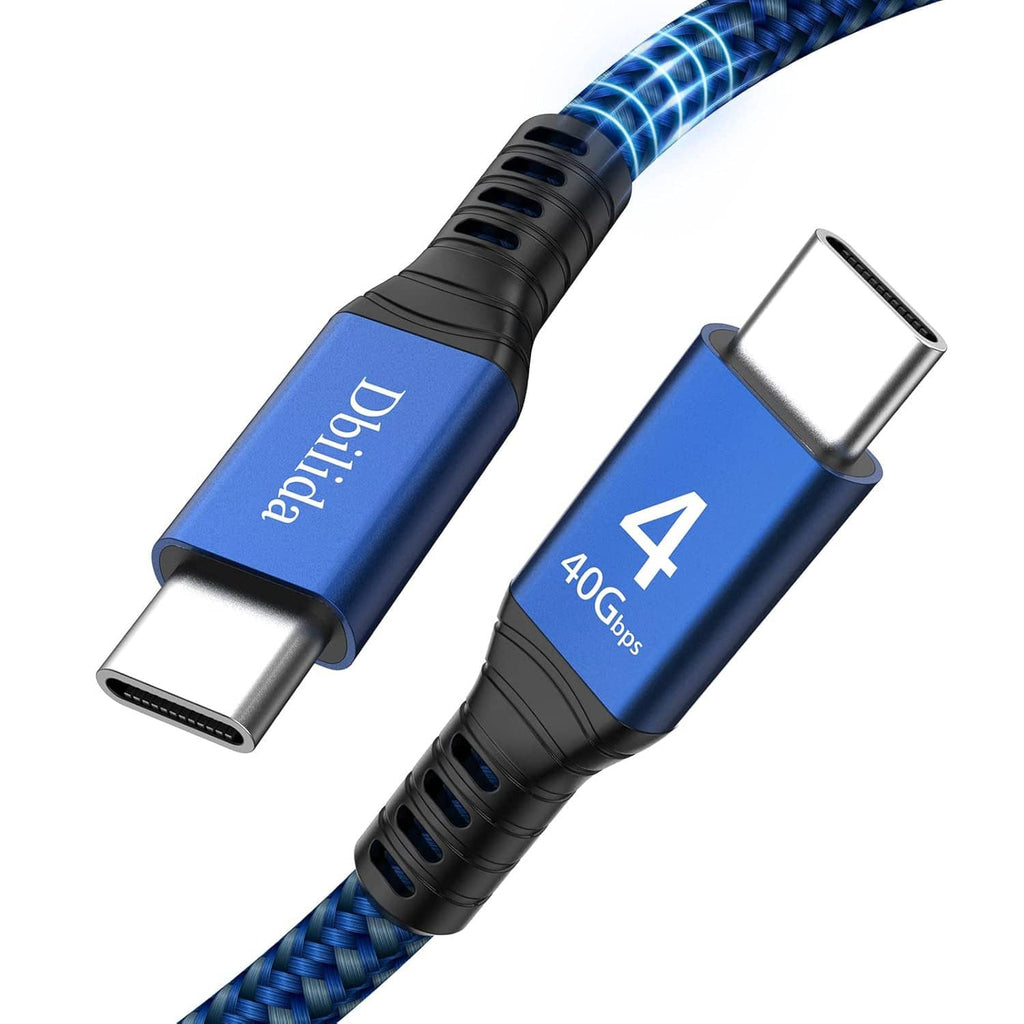 Blue Thunderbolt 4 USB-C cable with braided sleeve, silver plugs, and 40Gbps label