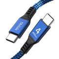 Blue Thunderbolt 4 USB-C cable with braided sleeve, silver plugs, and 40Gbps label