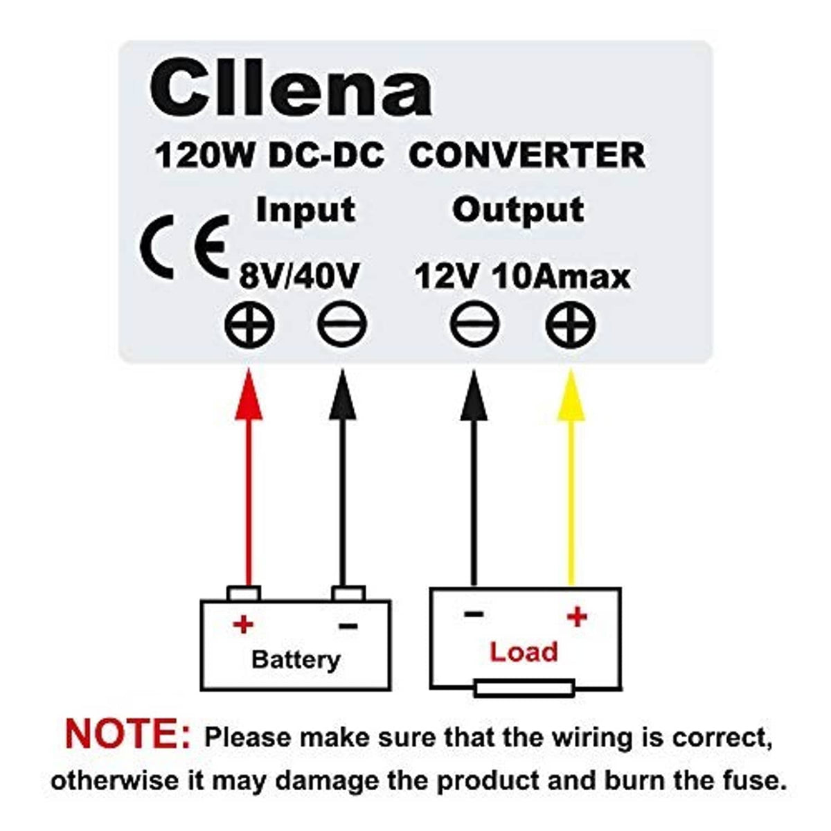 Clena 120W DC-DC converter wiring diagram with input/output polarity note