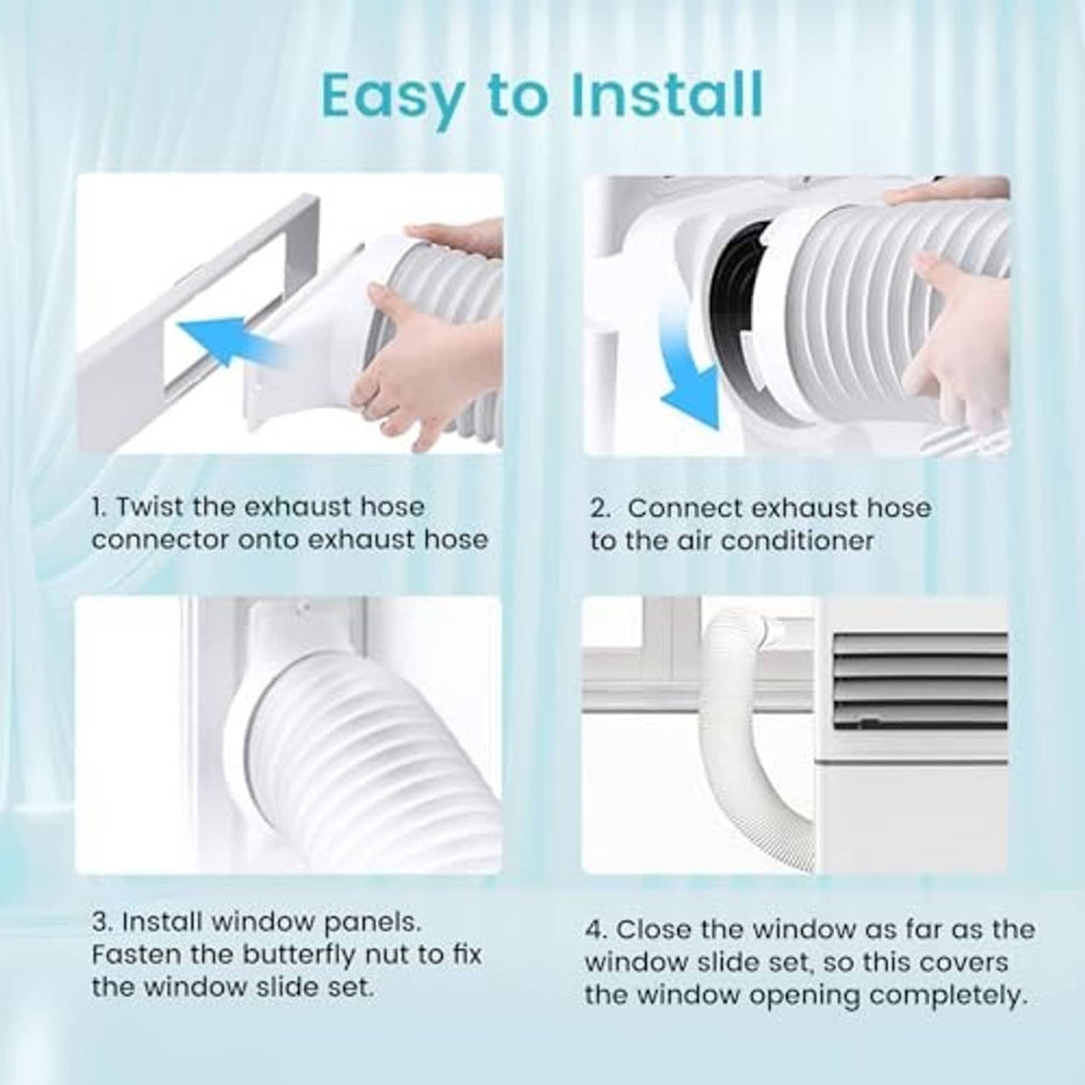 Portable air conditioner installation showing exhaust hose connected to the unit