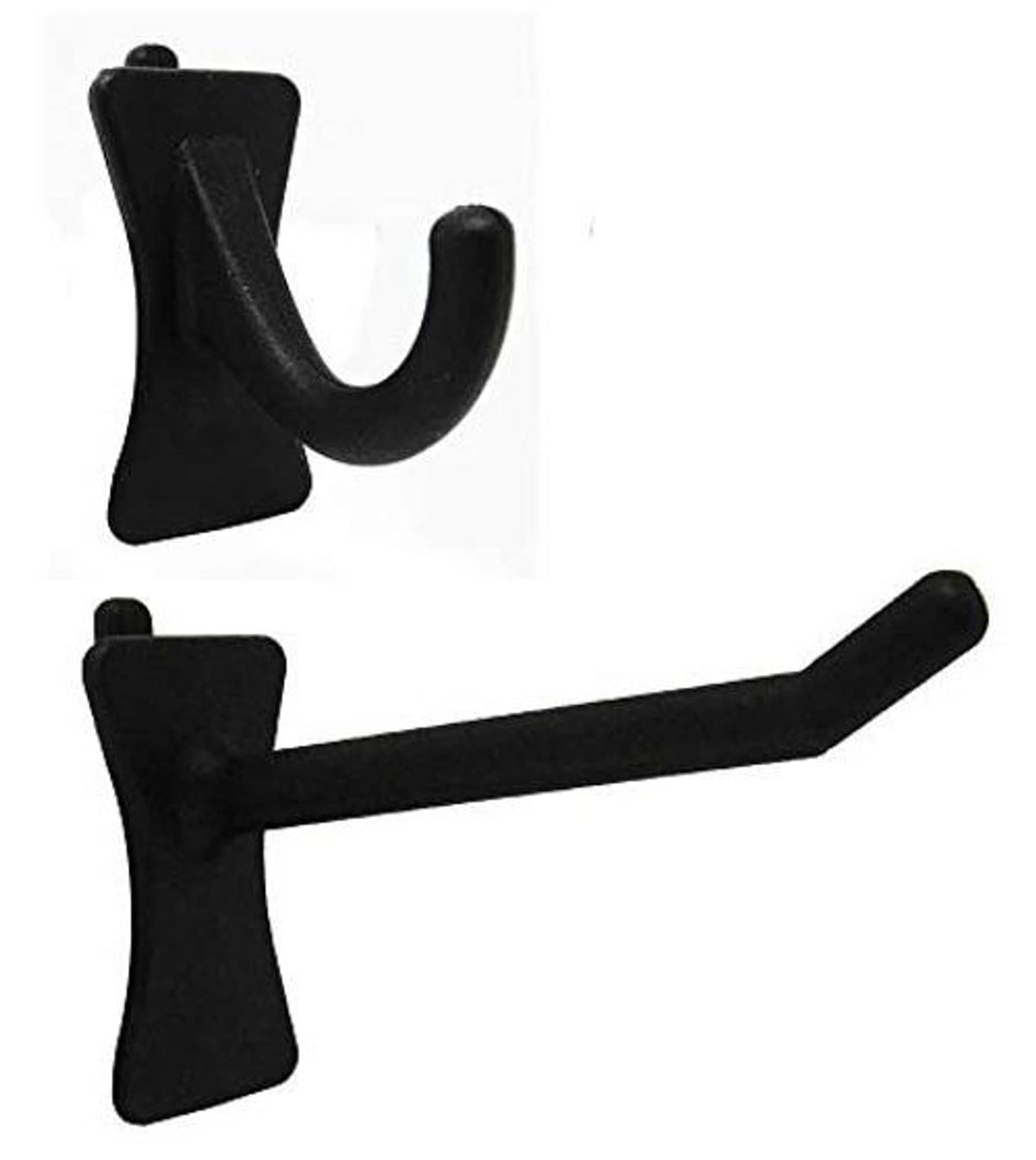 Black pegboard hooks set with straight bar and curved end, two hooks shown