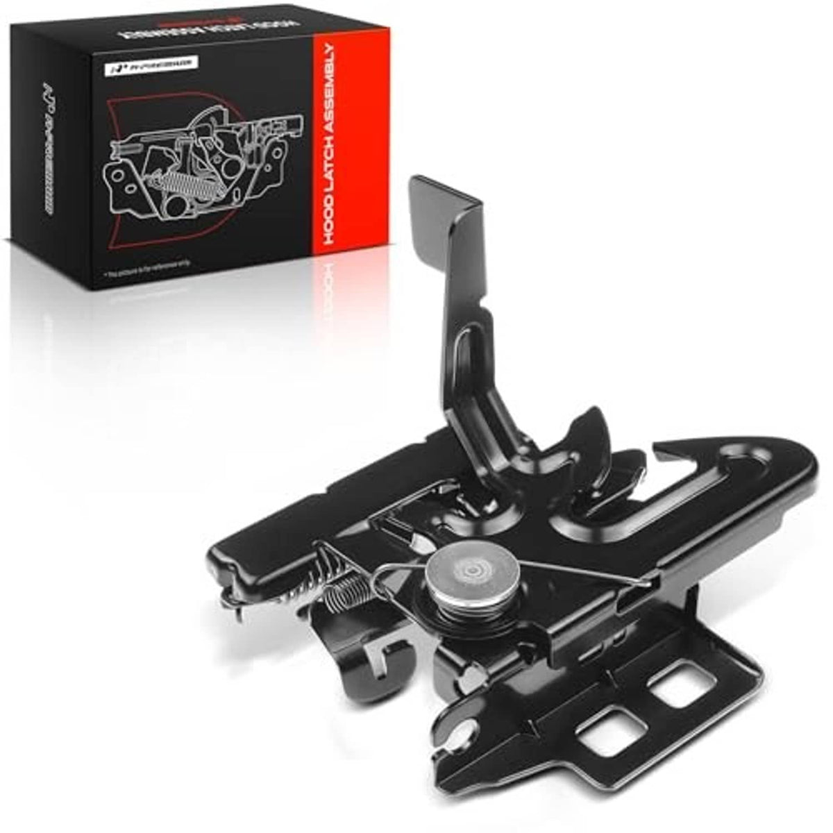 Black hood latch lock assembly with latch striker and metal mounting plate