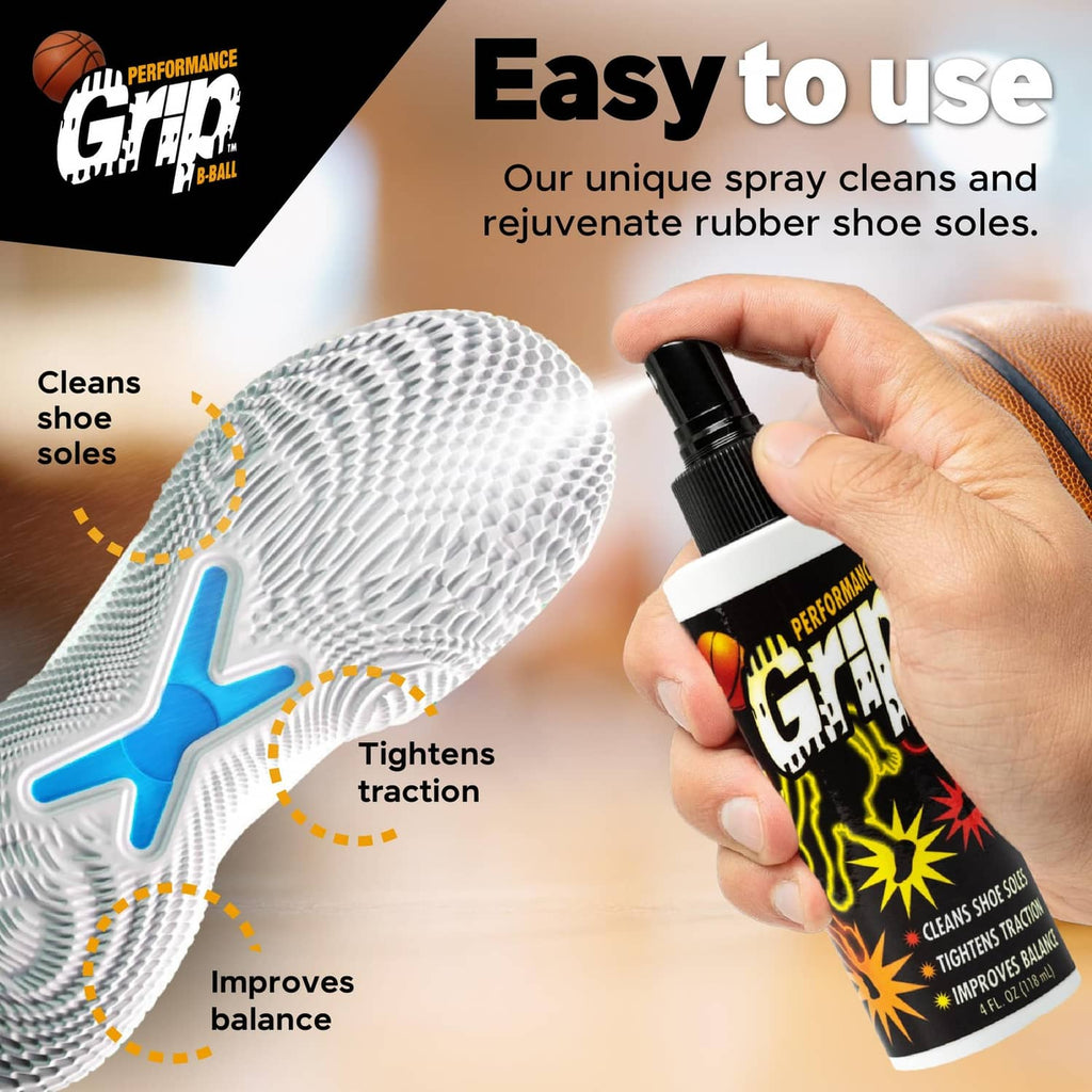 Hand holding Performance Grip shoe sole spray misting a textured rubber sole