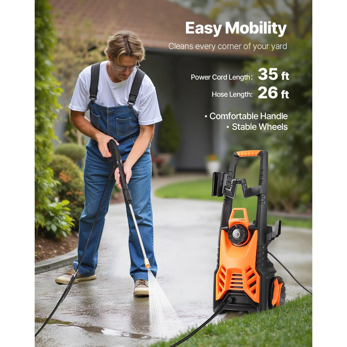 Orange electric pressure washer with spray wand, detergent hose, and long power cord
