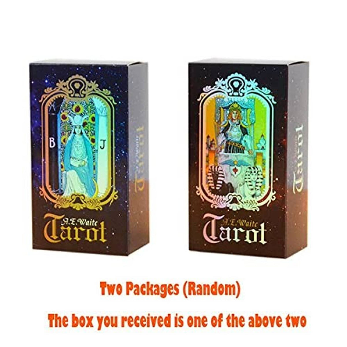 Tarot card boxes with multicolor cathedral artwork and ornate crest design