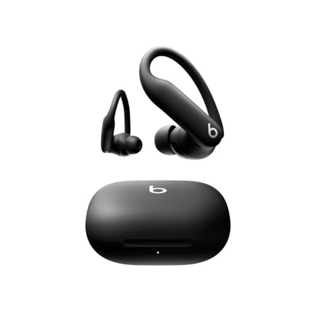 Black wireless earbuds with secure-fit earhooks and matching charging case, side view