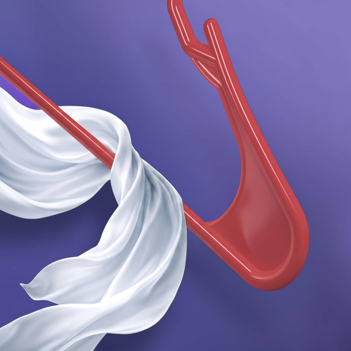 Red plastic hanger holding white fabric, with curved hook and shoulder bars