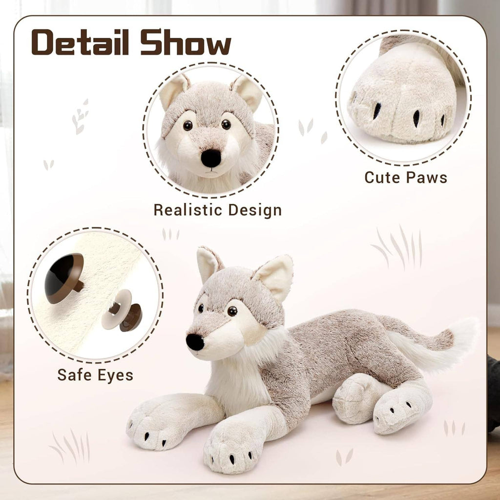 Gray wolf plush stuffed animal with white muzzle and paws, shown on detail card