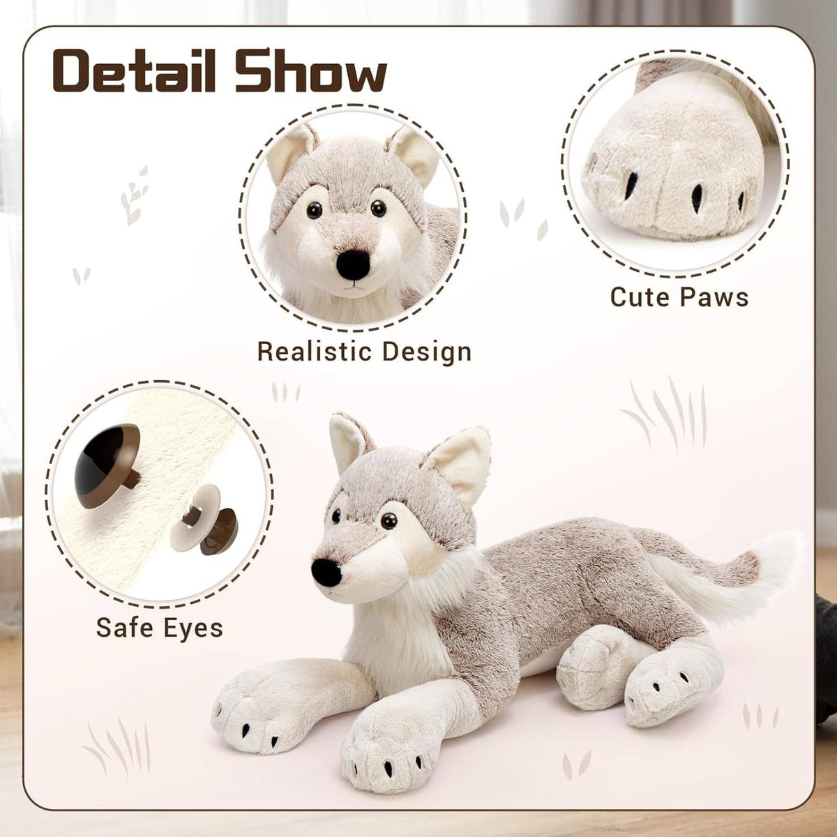Gray wolf plush stuffed animal with white muzzle and paws, shown on detail card
