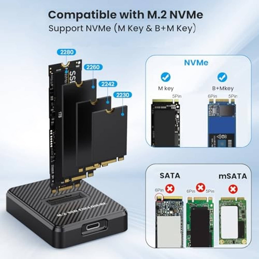 M.2 NVMe SSD enclosure adapter with key-type compatibility diagram