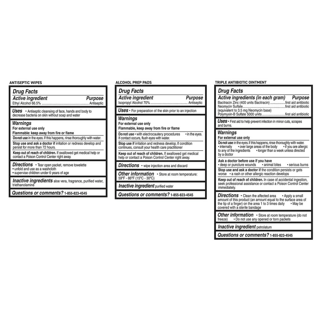 First aid kit inserts with directions and ingredient panels on the back label sheet