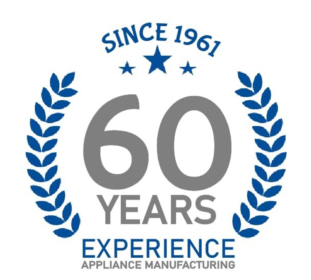 Blue anniversary badge graphic: 60 years appliance manufacturing experience