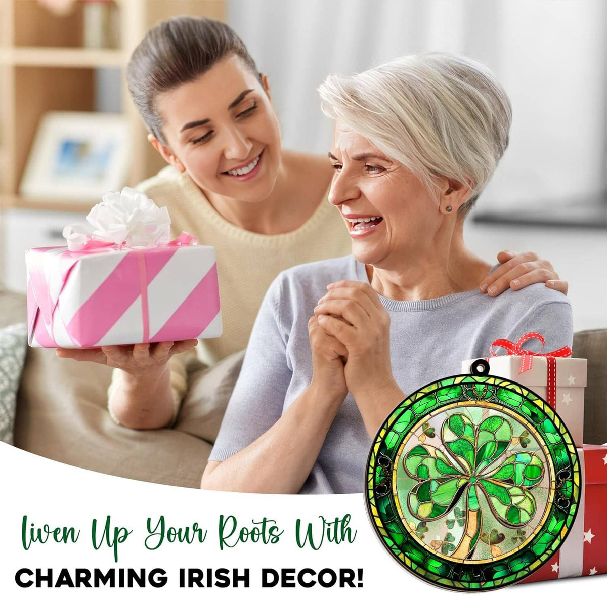 Hanging round green shamrock suncatcher with silver chain in gift display scene