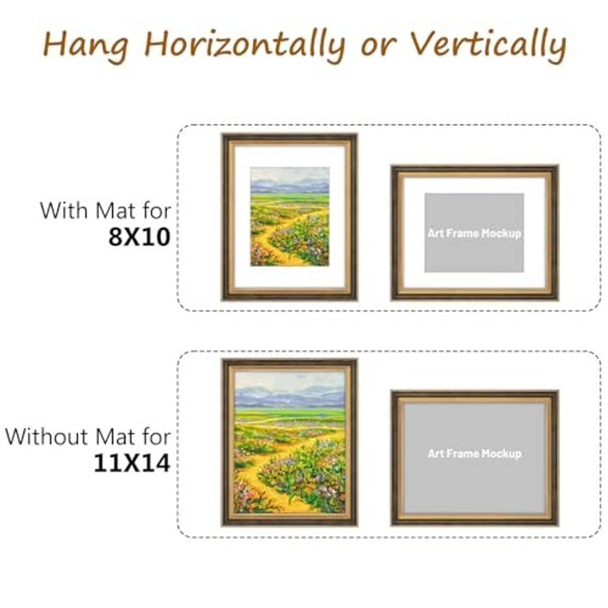Ornate black-and-gold picture frame with mat insert, shown in two display views
