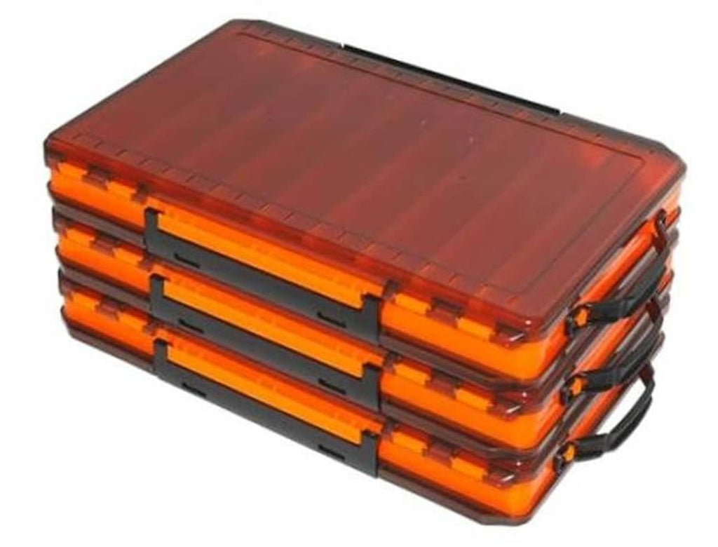 Double-sided orange tackle box with translucent lid and black latch closures