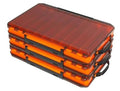 Double-sided orange tackle box with translucent lid and black latch closures