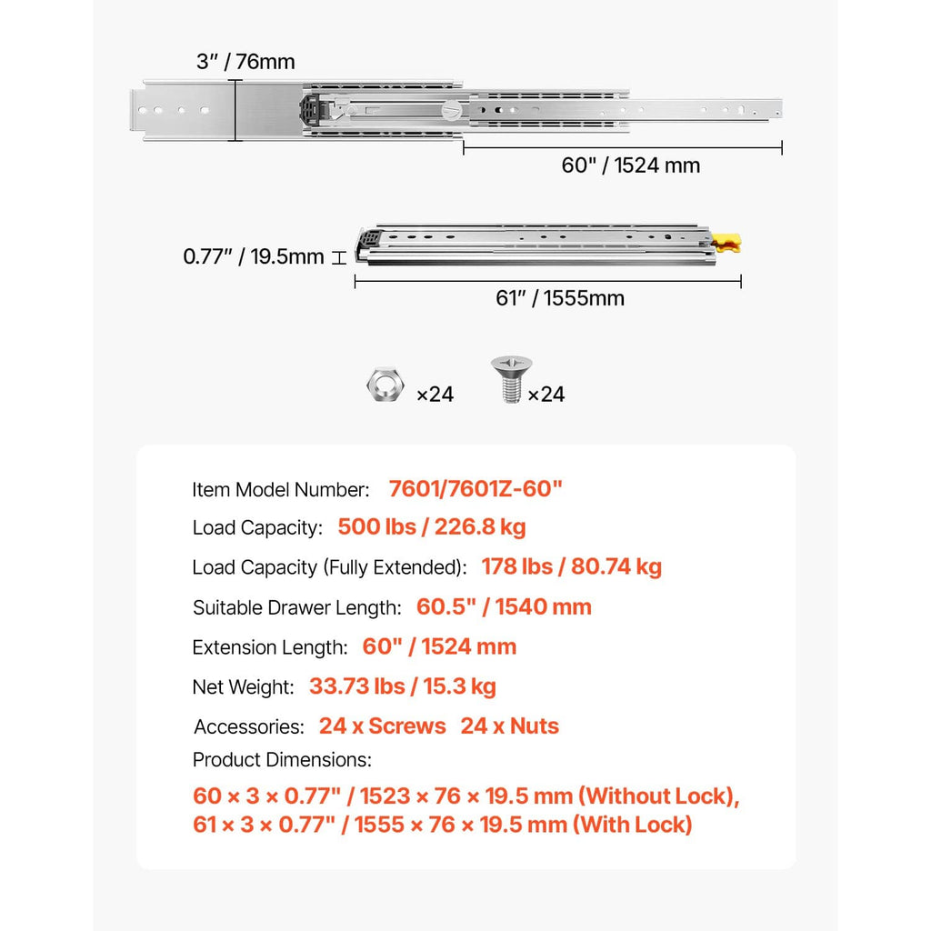 60 in full-extension drawer runner with hardware and measurement dimensions