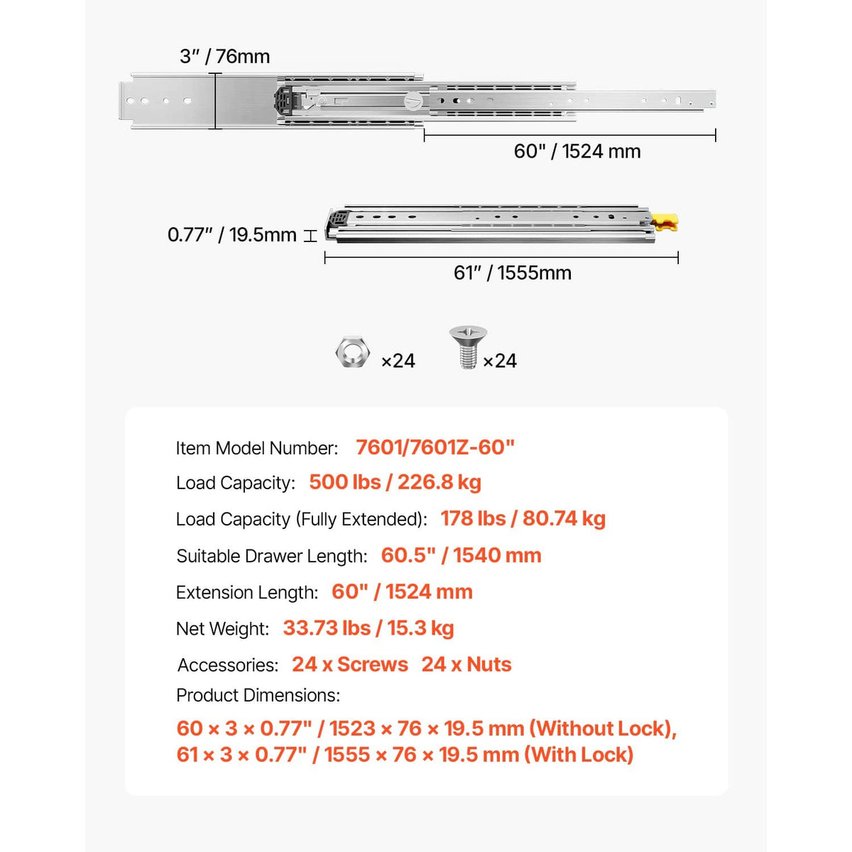60 in full-extension drawer runner with hardware and measurement dimensions