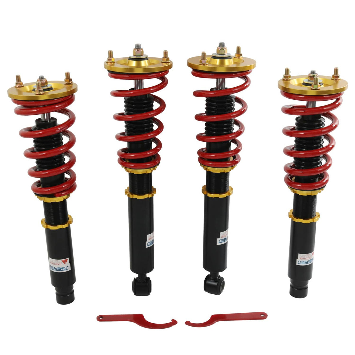 Coilover shock suspension kit with four black dampers, red springs, and red bracket pieces