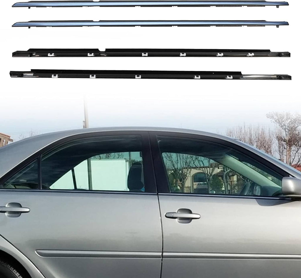 Installed-style window molding trim weather strips on car door frames, black-and-silver