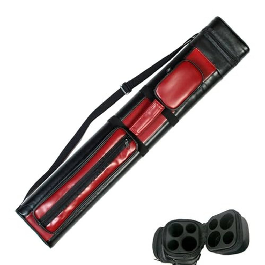 Black 2x2 hard pool cue carrying case with red padded compartments and strap