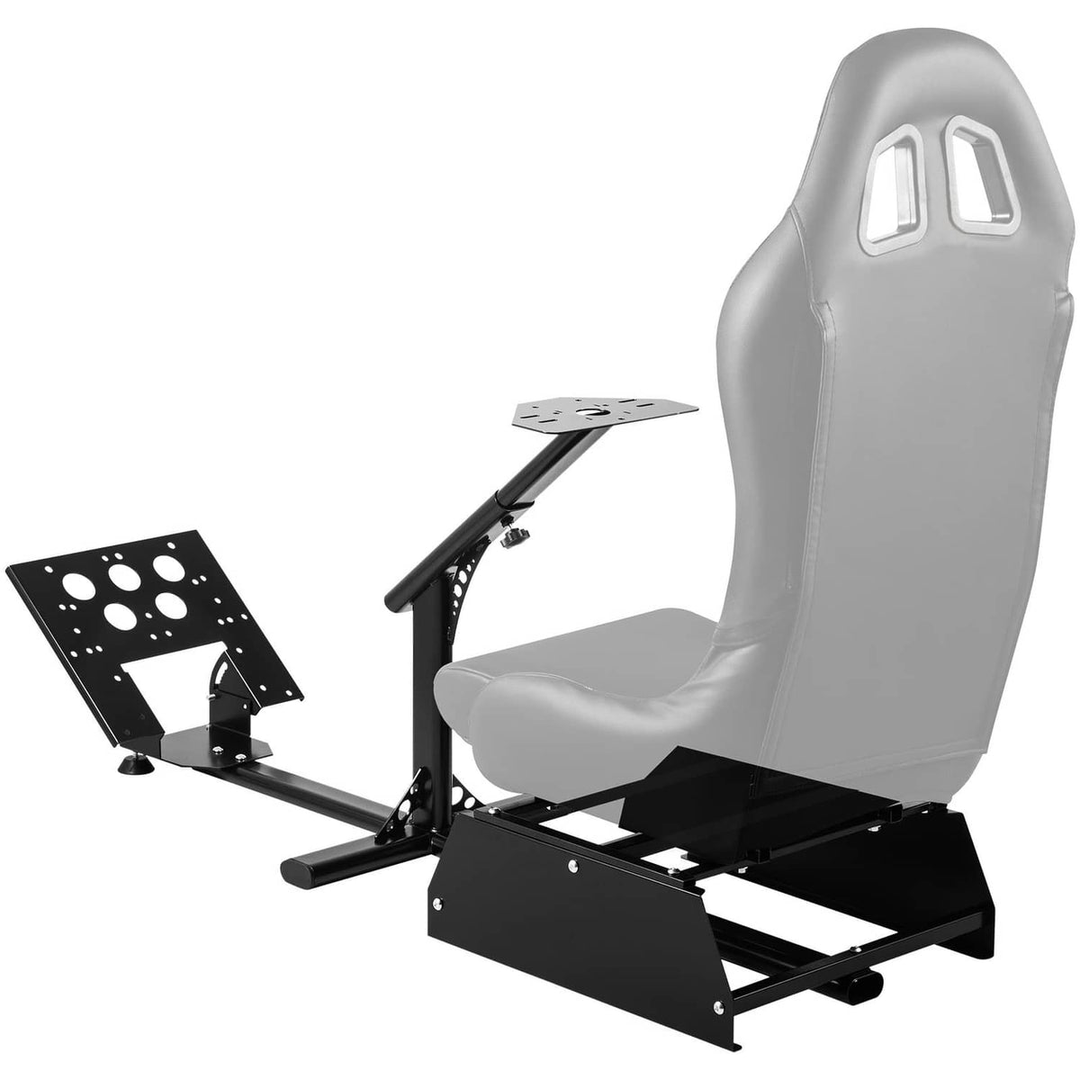 Racing simulator wheel stand with gray seat, black steel frame, and attached pedal plates