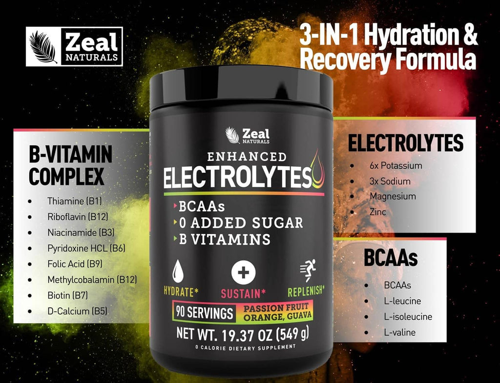 Black electrolytes powder tub with front label and BCAA and vitamins claims