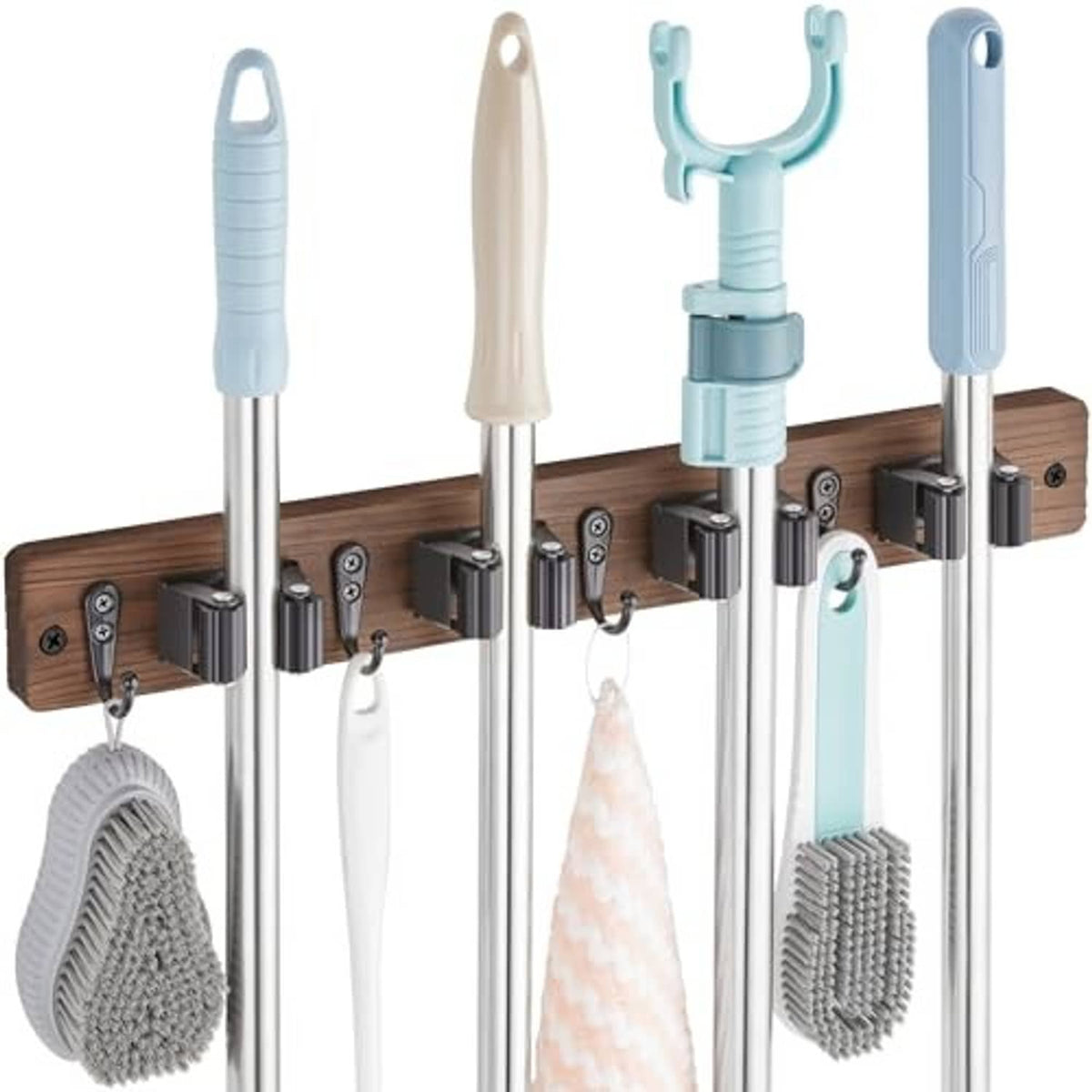 Wall-mounted mop and broom holder with wooden rail, chrome grips, blue tool holders