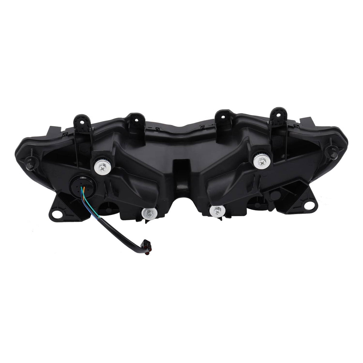Motorcycle headlight assembly underside rear view with black housing and connector