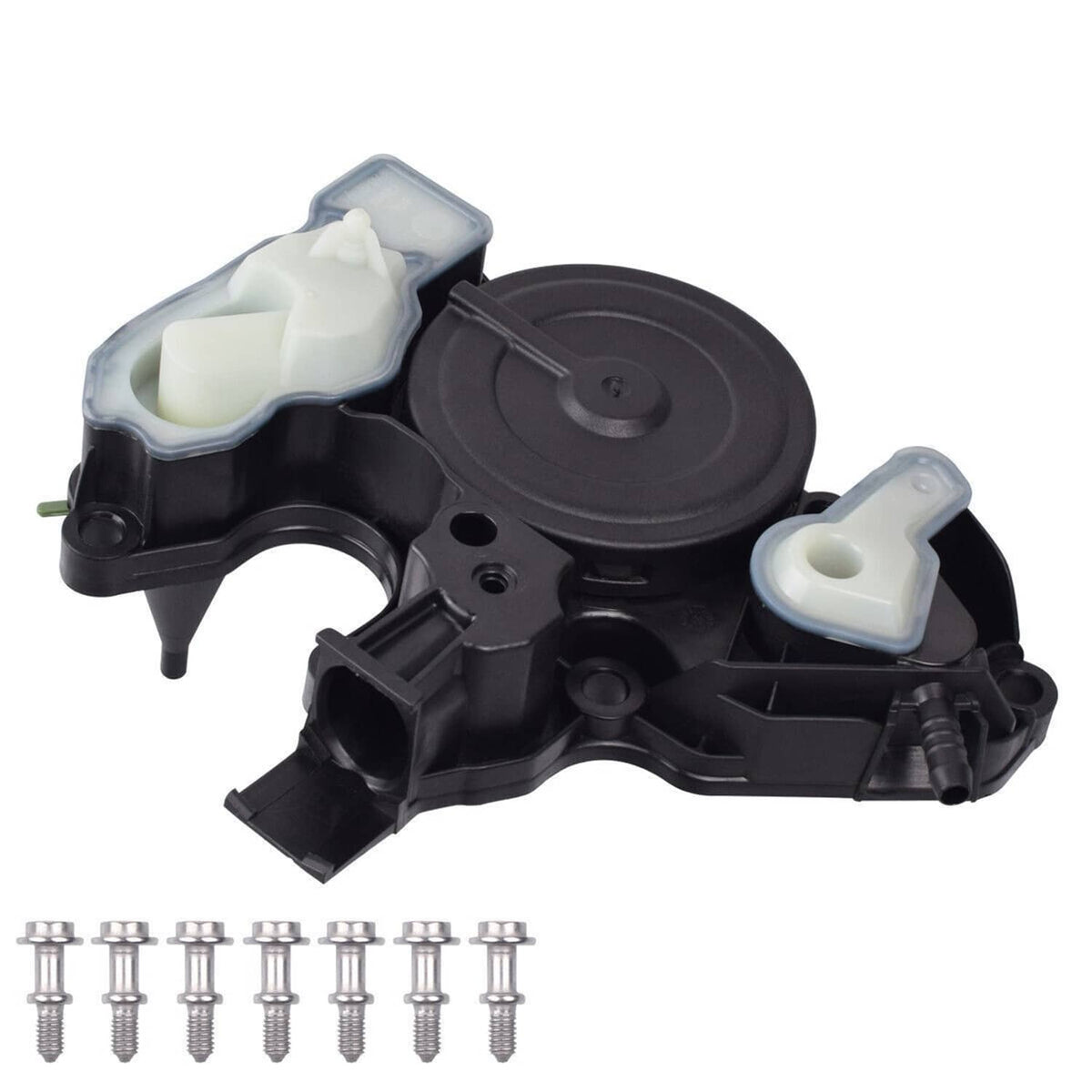 PCV oil separator valve assembly angled view with translucent top covers and bolts