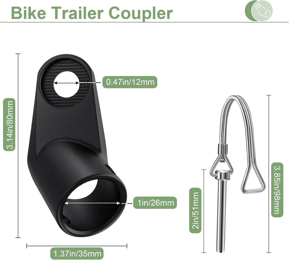 Black bike trailer coupler hitch side view with looped spring bar and bracket