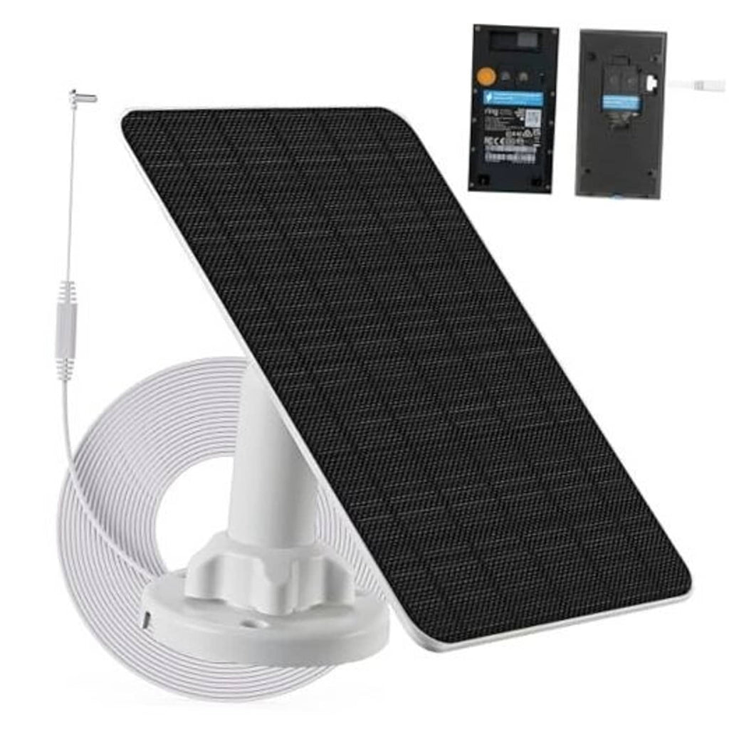 Black solar panel with built-in battery, coiled cable, and circular mounting base.