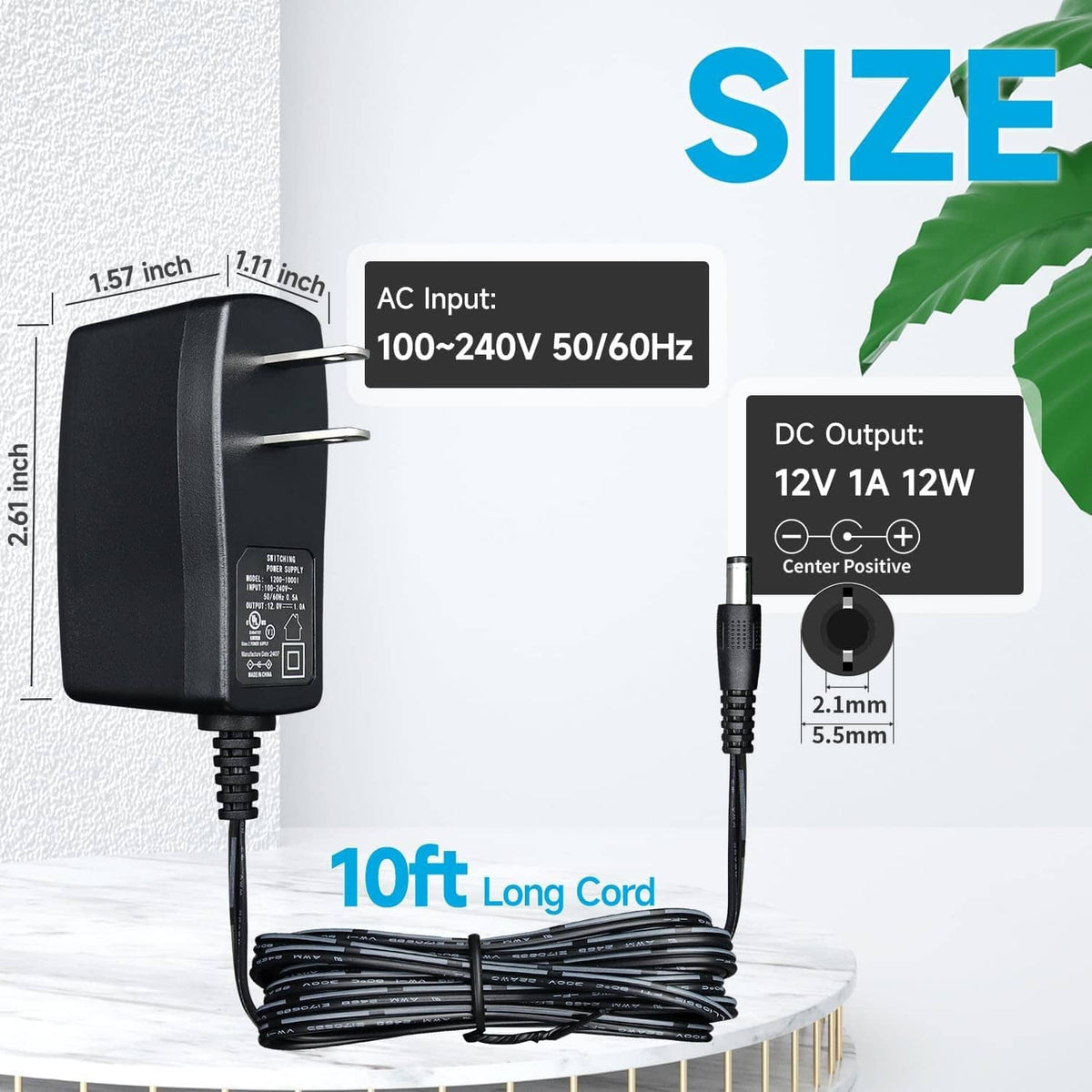 Black 12V power adapter with 10ft long DC cable and barrel connector