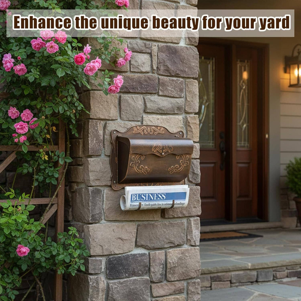 Dark bronze wall mailbox with hinged front and newspaper slot, mounted on two hooks