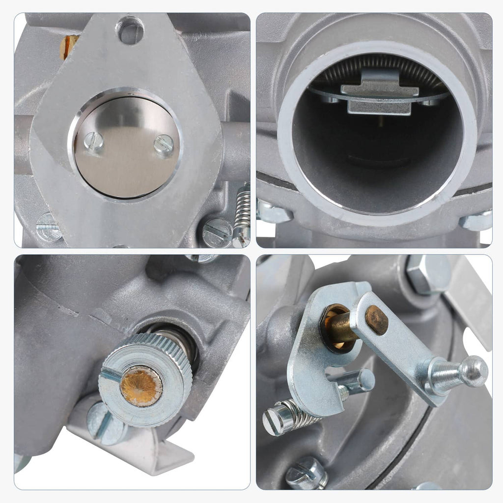 Gray carburetor close-up details: inlet plate, throttle bore, and adjustment fittings