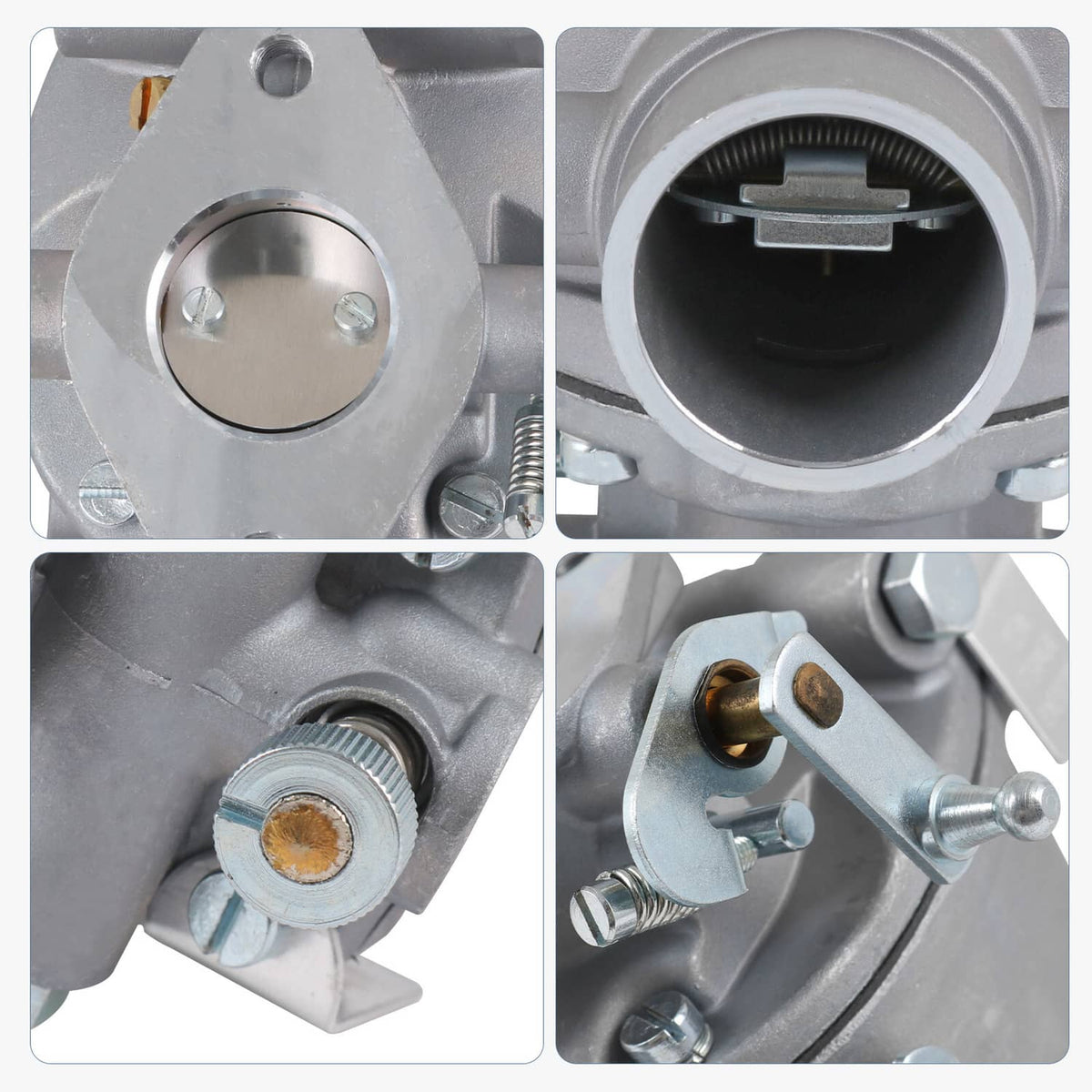 Gray carburetor close-up details: inlet plate, throttle bore, and adjustment fittings