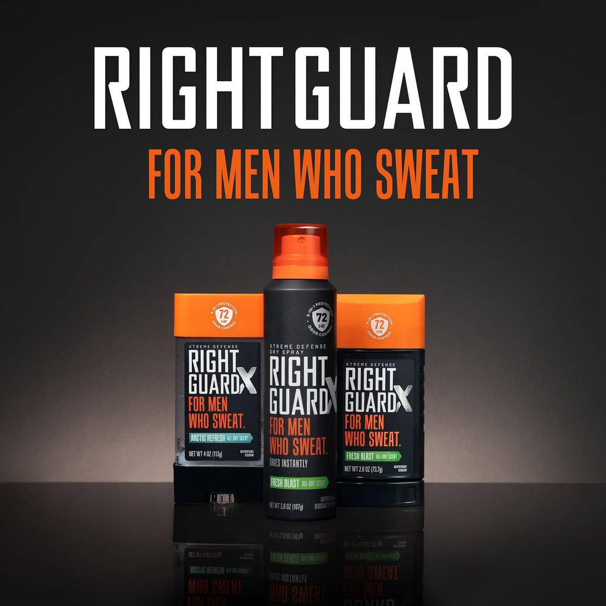 Right Guard antiperspirant bottles set, orange caps and black canisters with labels