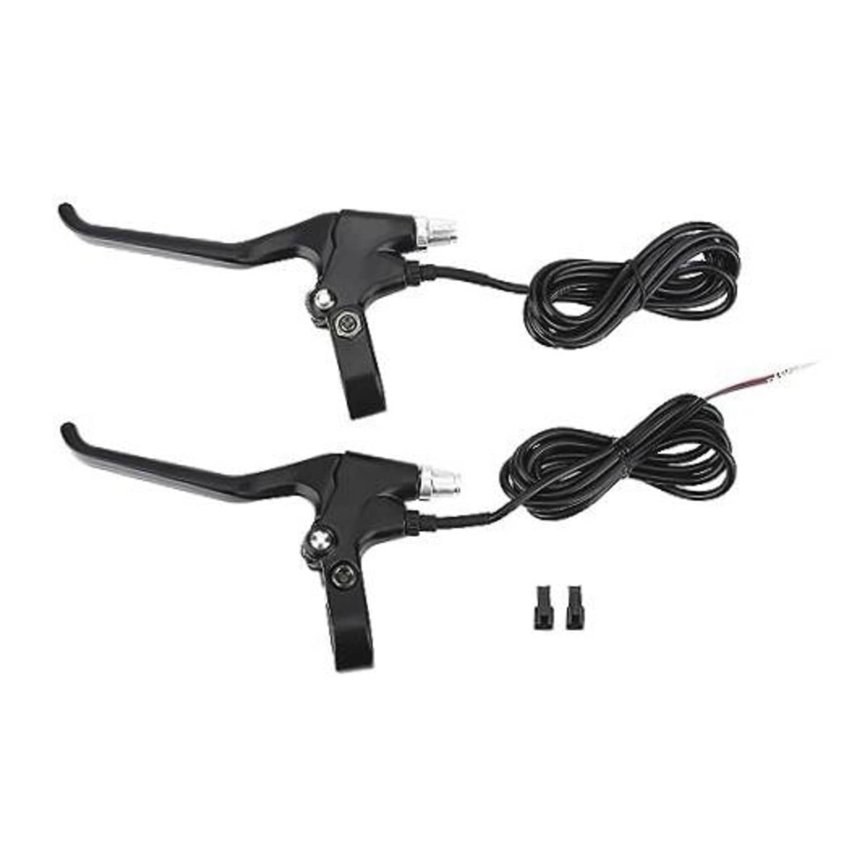 Pair of black e-bike brake levers with attached cables, left and right
