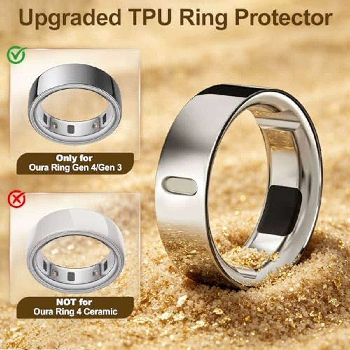 Silver TPU ring protector sleeve with raised rim and small side cutout
