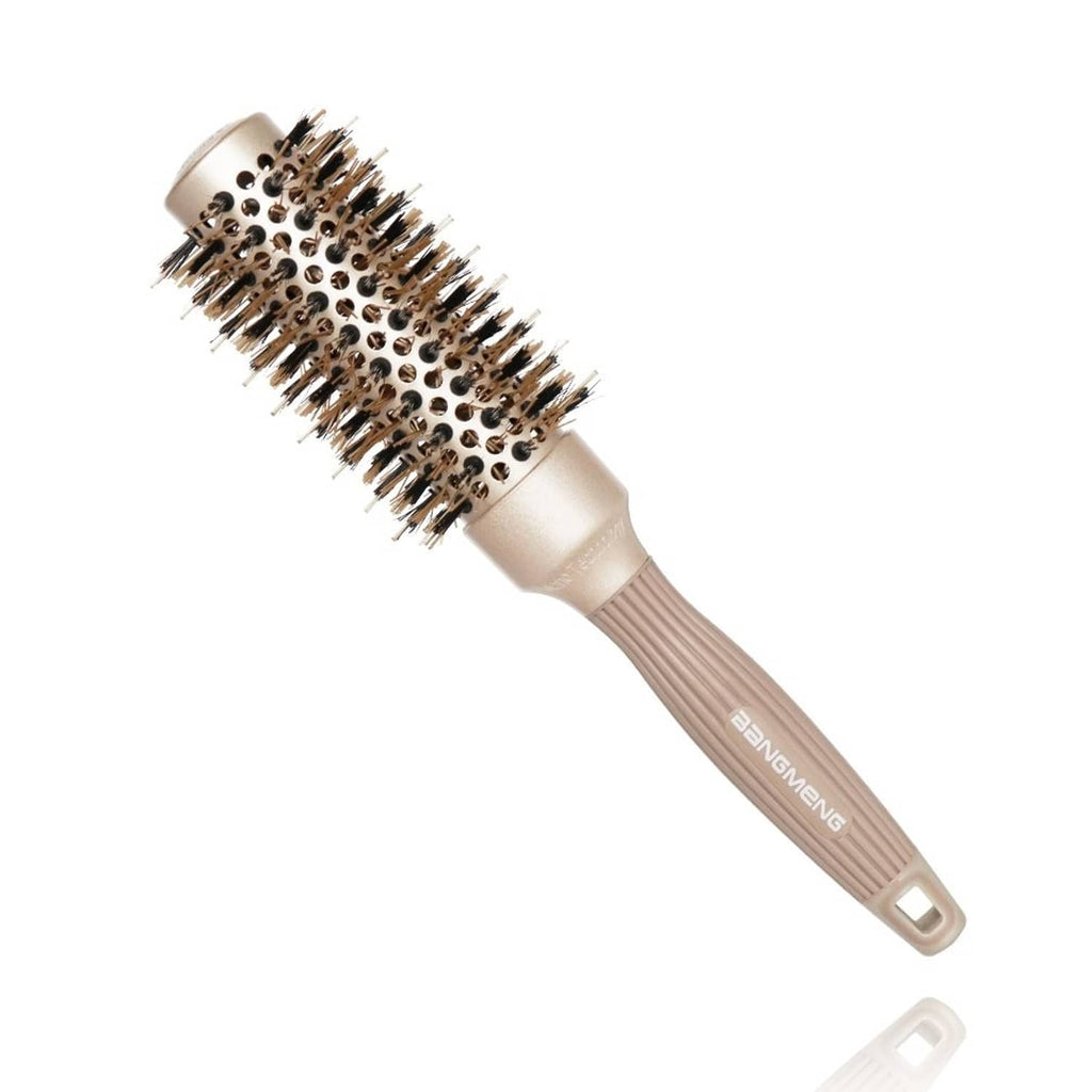 Gold round-barrel anti-static hair brush with vented bristle head and beige handle