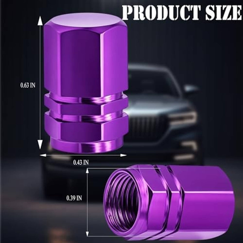 Purple tire valve stem caps with rubber O-ring, with visible cap and thread sizes.