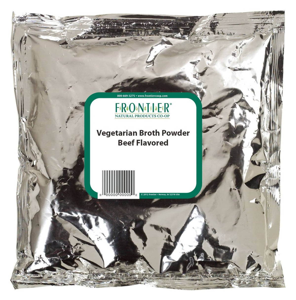 Vegetarian beef broth powder bag with Frontier green label and barcode
