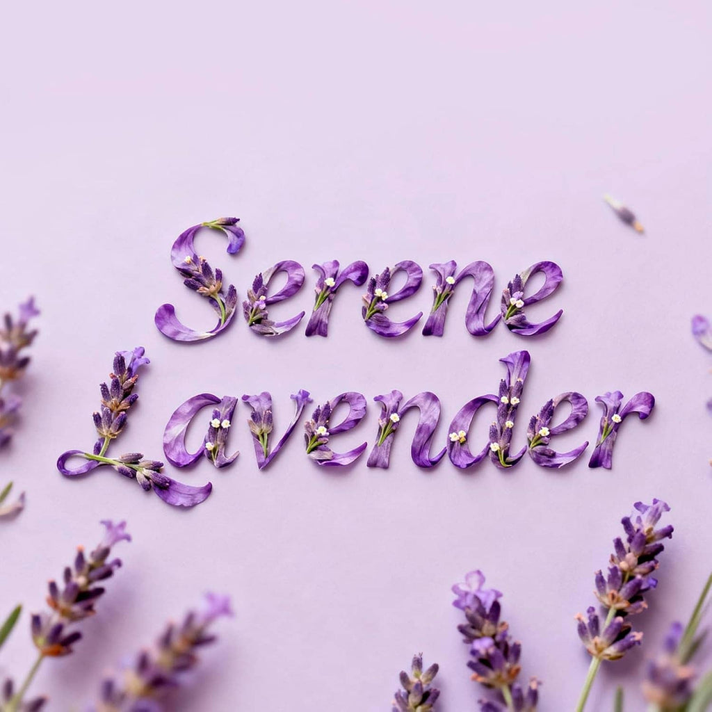 Lavender-themed word text surrounded by small purple flower sprigs