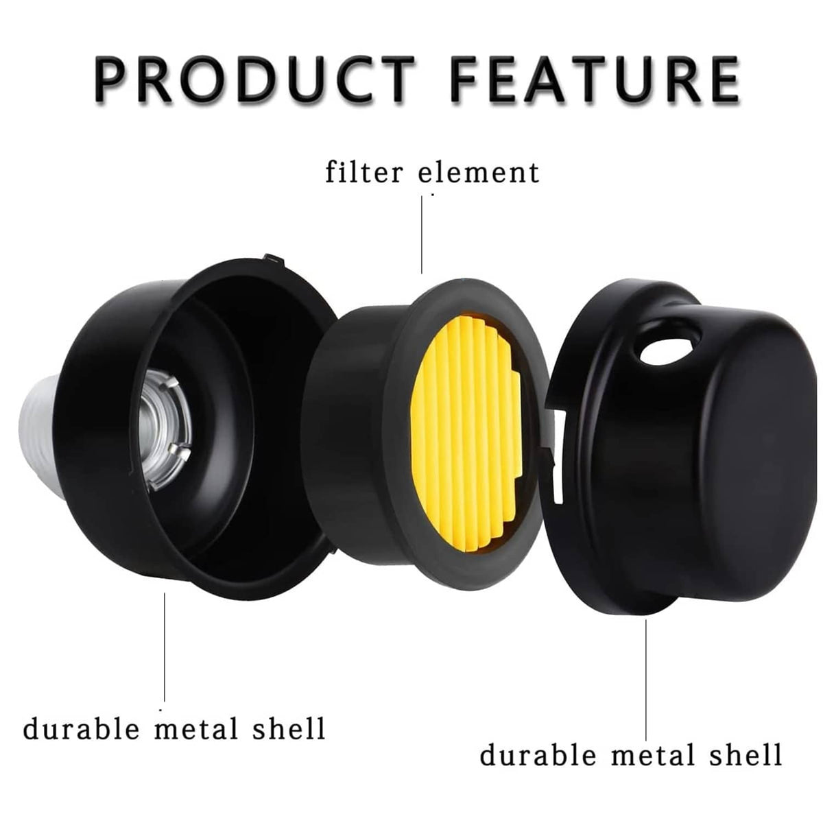 Air compressor silencer filter with yellow pleated element, black metal shell, threaded