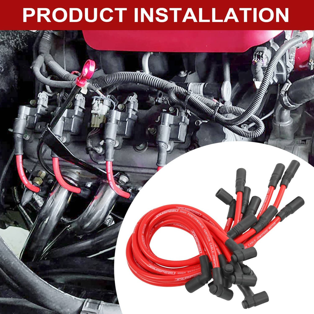 Red spark plug wire set with black boots, shown installed near engine bay