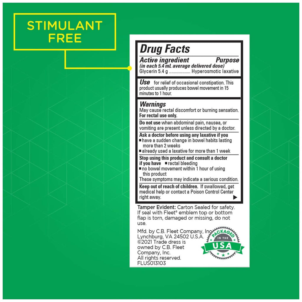 Fleet Laxative stimulant-free Drug Facts panel for liquid glycerin suppositories