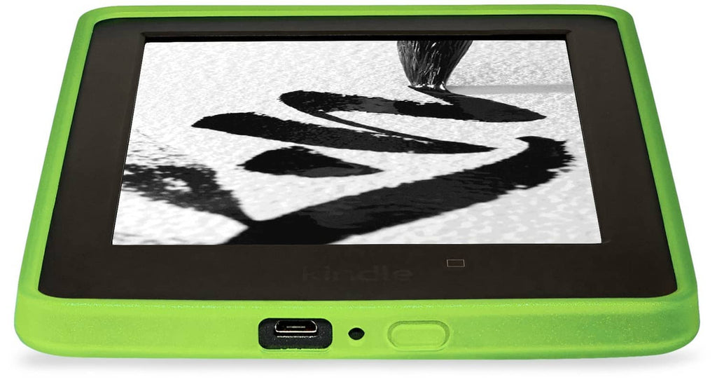 Green protective Kindle case with bottom edge showing charging port