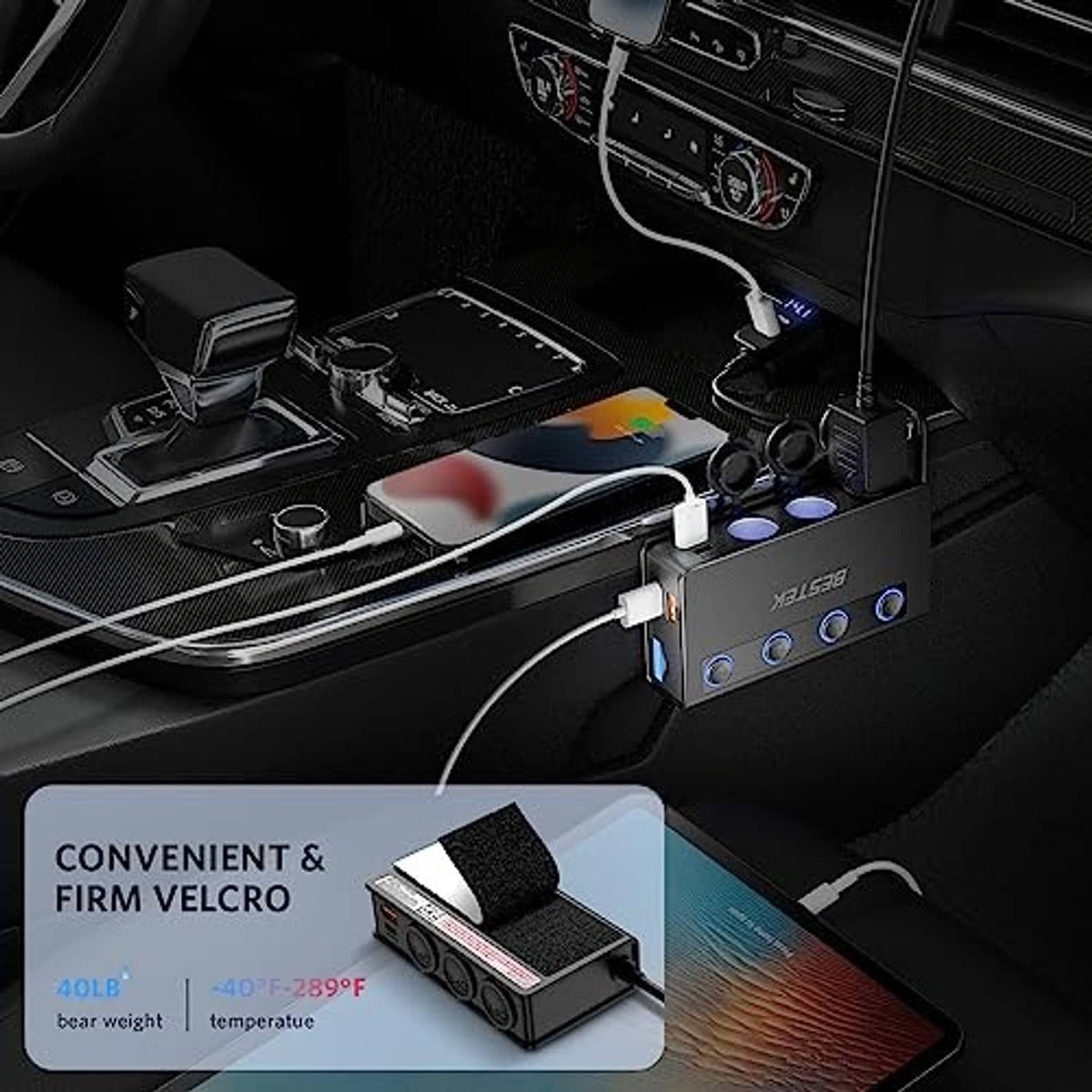 Black multi-port car charger splitter in vehicle console with connected cables and mounting pad.